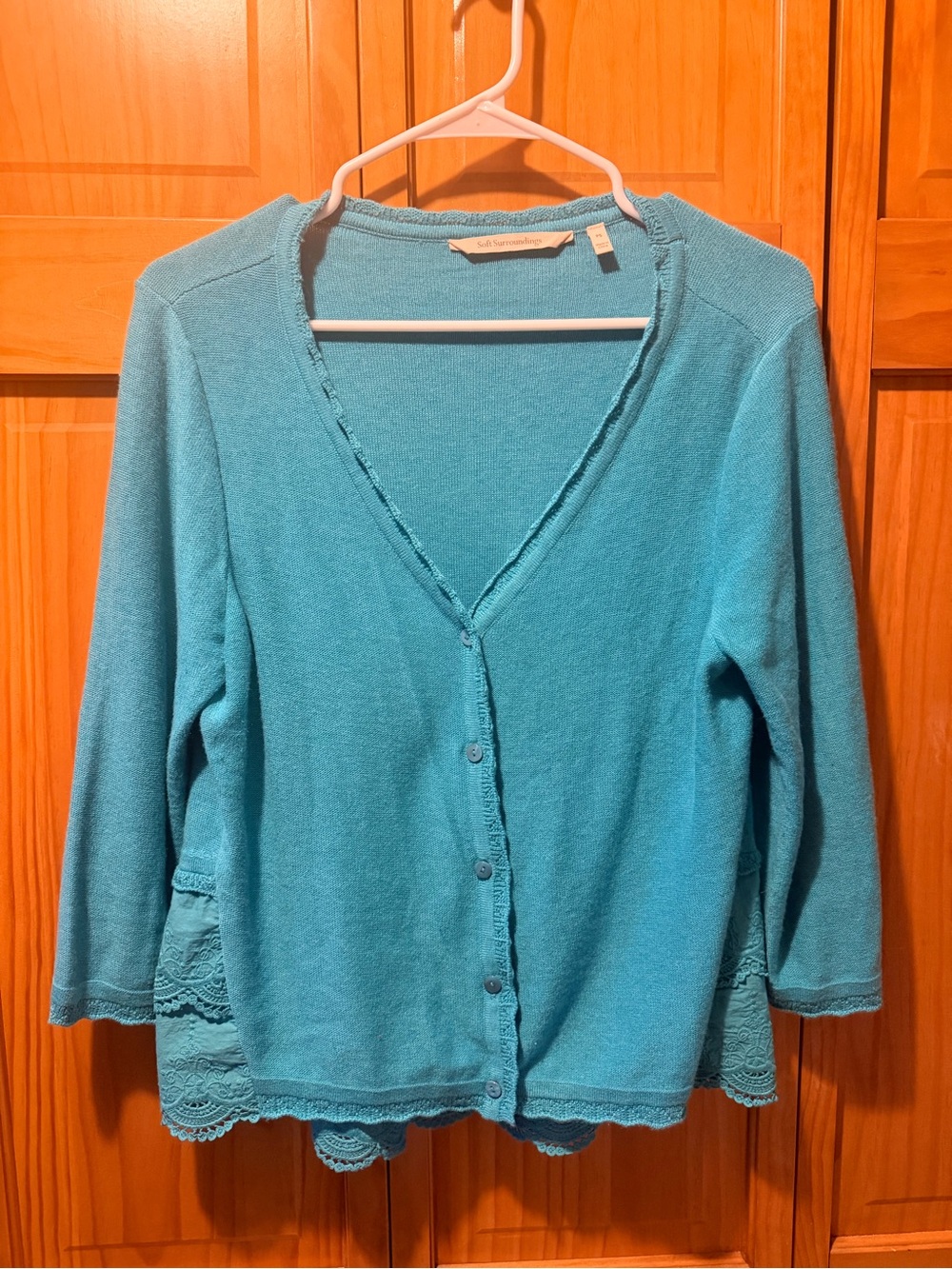 Soft Surroundings Teal Lace-Trim Button Cardigan